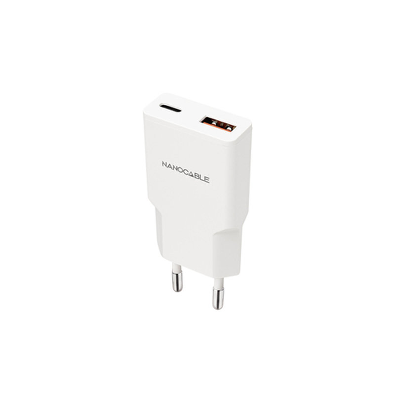 Nanocable Cargador USB-C/PD 25W + USB-A/QC 25W, Blanco Nanocable Cargador USB-C/PD 25W + USB-A/QC 25W, Blanco