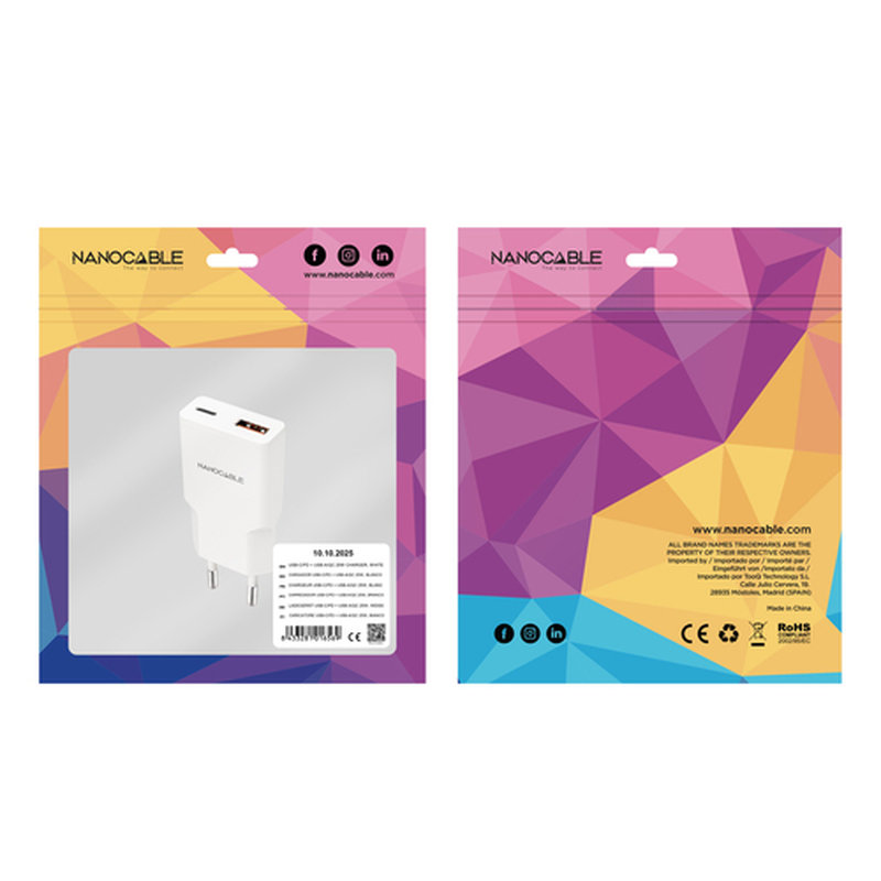 Nanocable Cargador USB-C/PD 25W + USB-A/QC 25W, Blanco Nanocable Cargador USB-C/PD 25W + USB-A/QC 25W, Blanco - Imagen 3
