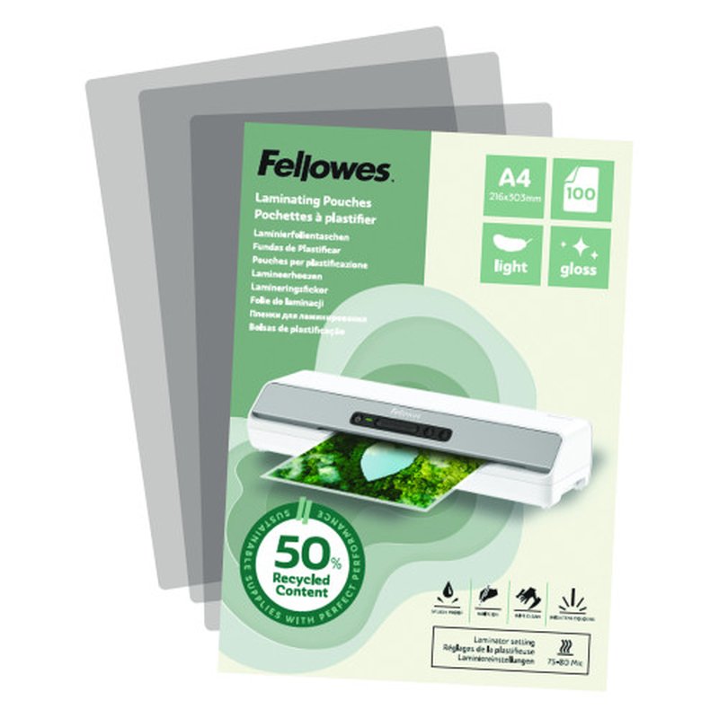 PACK 100 FUNDAS DE PLASTIFICAR RECICLADAS BRILLO A4 FELLOWES 100142987 PACK 100 FUNDAS DE PLASTIFICAR RECICLADAS BRILLO A4 FELLOWES 100142987