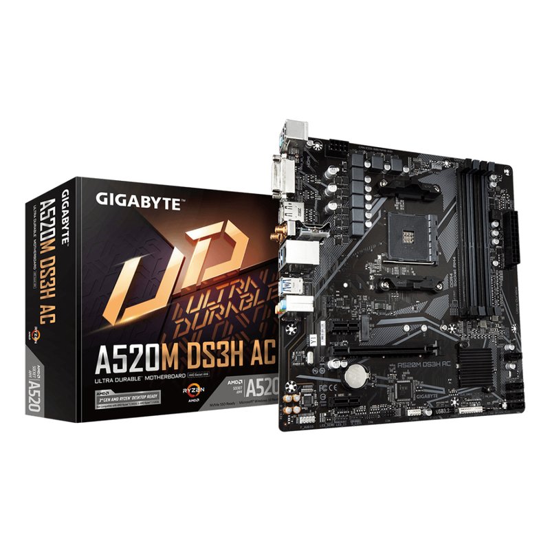 GIGABYTE A520M DS3H AC Placa Base - Procesadores AMD Ryzen Serie 5000, VRM de 5+3 fases, hasta 4733 MHz DDR5 (OC), 1xPCIe 3.0 M.2, LAN GbE, WIFI 5, USB 3.2 Gen 1
