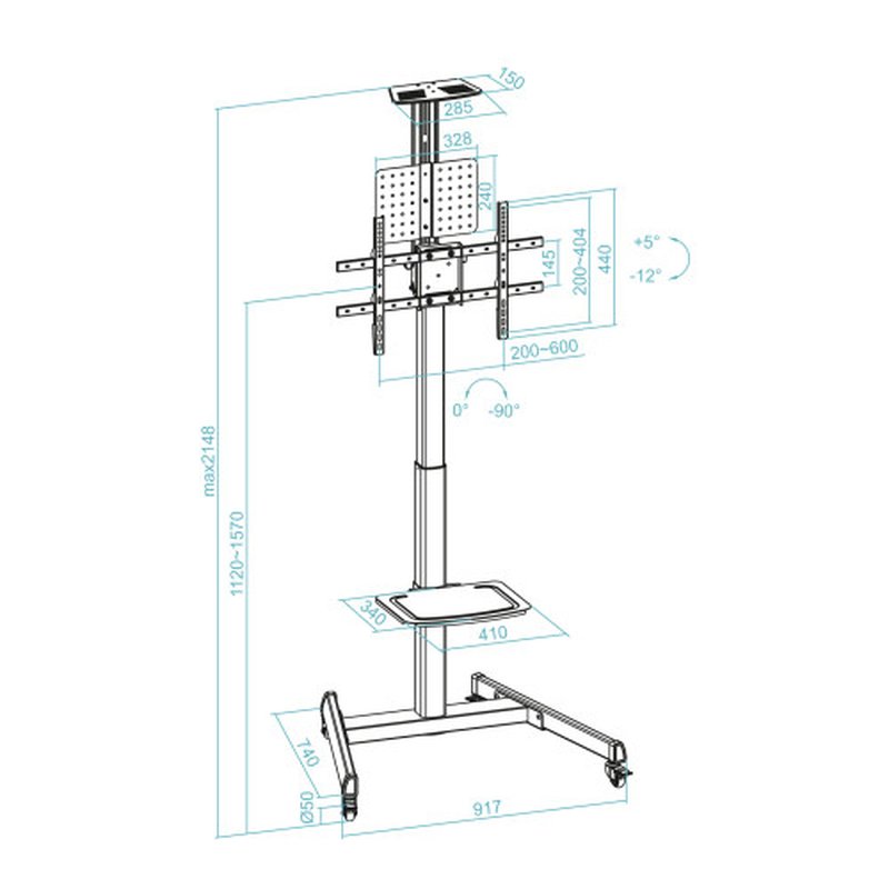 TooQ “COMETA” Soporte de Suelo con Ruedas con Regulación de Altura para Pantallas 37"- 70", Rotación 90°, Negro - Imagen 8