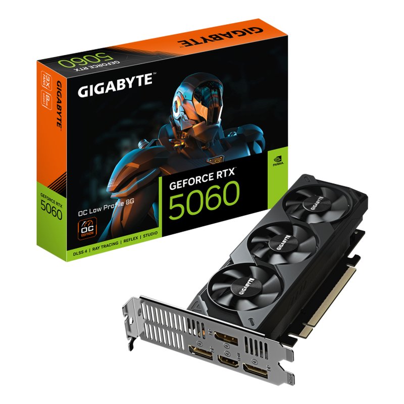 GIGABYTE GeForce RTX 5060 OC Low Profile 8G Tarjeta Gráfica - 8GB GDDR7, 128bit, PCI-E 5.0, 2512 MHz Frecuencia del núcleo, 3 x DisplayPort, 1 x HDMI, GV-N5060OC-8GL
