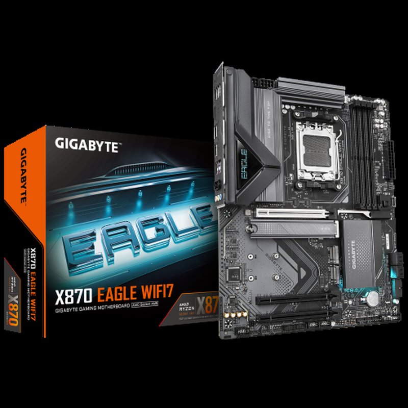 GIGABYTE X870 EAGLE WIFI7 Placa Base - Compatible con CPUs AMD Ryzen 9000, 14+2+2 fases VRM, hasta 8000MHz DDR5 (OC), 1xPCIe 5.0 + 2xPCIe 4.0, Wi-Fi 7, LAN 2.5GbE, USB 4 GIGABYTE X870 EAGLE WIFI7 Placa Base - Compatible con CPUs AMD Ryzen 9000, 14+2+2 fases VRM, hasta 8000MHz DDR5 (OC), 1xPCIe 5.0 + 2xPCIe 4.0, Wi-Fi 7, LAN 2.5GbE, USB 4