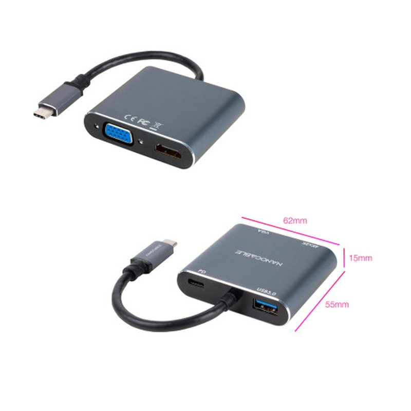Nanocable Conversor USB-C a HDMI/VGA/USB3.0/PD 15 cm, Gris - Imagen 3