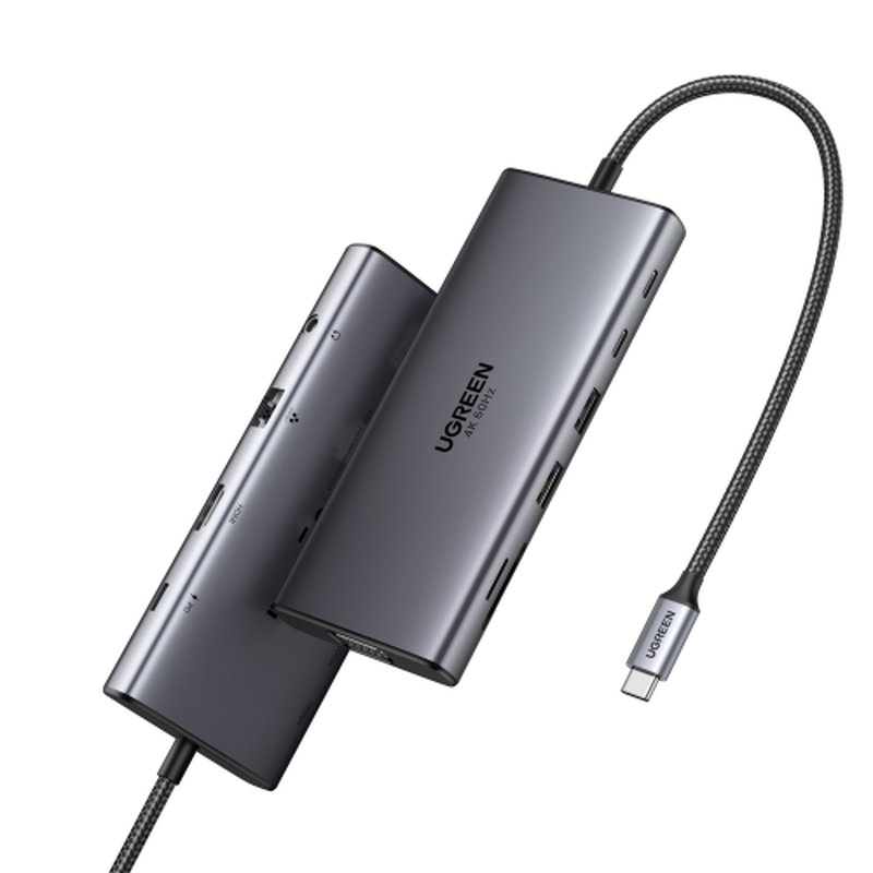 Ugreen 11-in-1 USB-C Hub to 3x USB-C/2x USB-A/HDMI/VGA/RJ45/SD/TF/3.5mm - Gray Acoplamiento Base Gris
