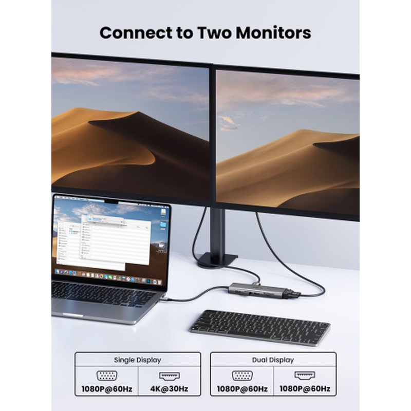 Ugreen 11-in-1 USB-C Hub to 3x USB-C/2x USB-A/HDMI/VGA/RJ45/SD/TF/3.5mm - Gray Acoplamiento Base Gris - Imagen 3