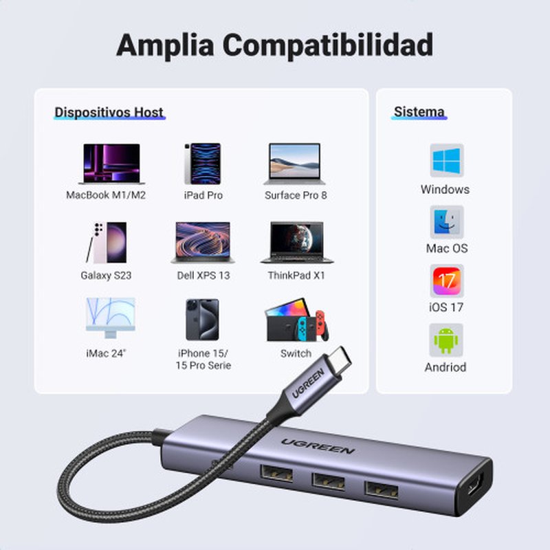 Ugreen 15596 base para portátil y replicador de puertos Alámbrico USB 3.2 Gen 1 (3.1 Gen 1) Type-A + Type-C Aluminio Ugreen 15596 base para portátil y replicador de puertos Alámbrico USB 3.2 Gen 1 (3.1 Gen 1) Type-A + Type-C Aluminio - Imagen 4