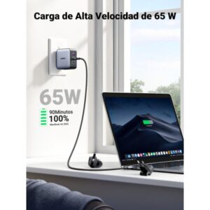 Ugreen 65W Nexode GaN Auriculares, Teléfono móvil, Portátil, Reloj inteligente, Tableta Gris USB Carga rápida Interior
