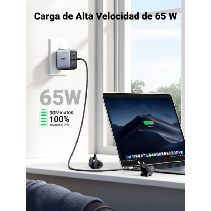 Ugreen 65W Nexode GaN Auriculares, Teléfono móvil, Portátil, Reloj inteligente, Tableta Gris USB Carga rápida Interior - Imagen 3