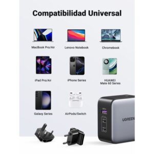 Ugreen 65W Nexode GaN Auriculares, Teléfono móvil, Portátil, Reloj inteligente, Tableta Gris USB Carga rápida Interior