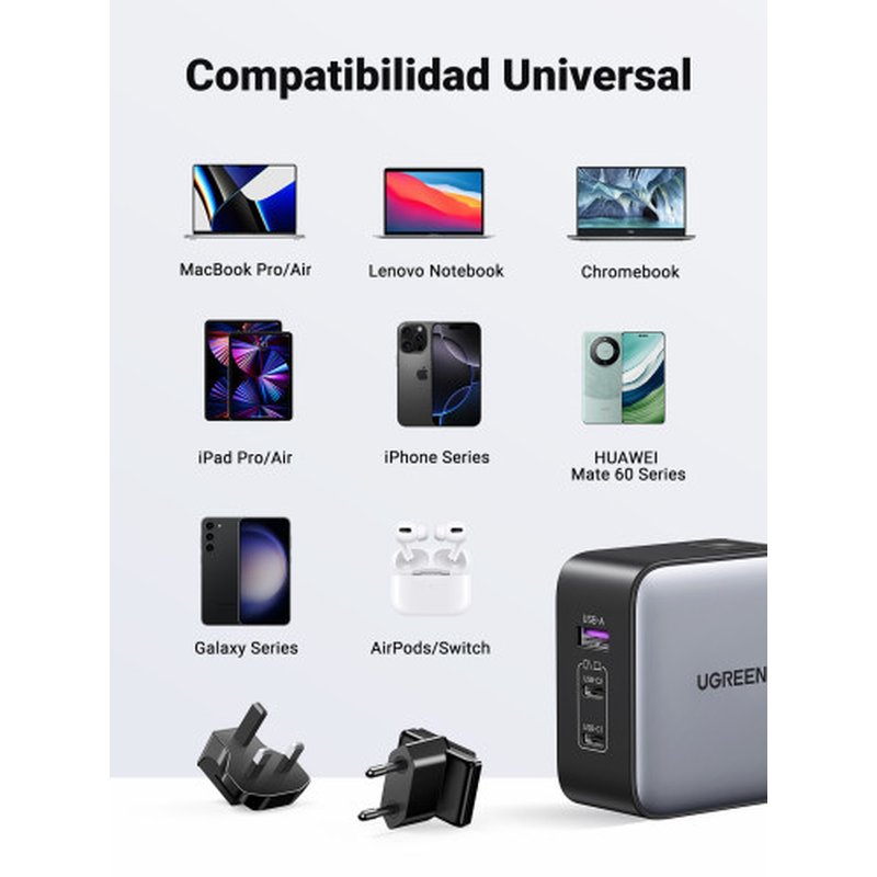 Ugreen 65W Nexode GaN Auriculares, Teléfono móvil, Portátil, Reloj inteligente, Tableta Gris USB Carga rápida Interior - Imagen 4