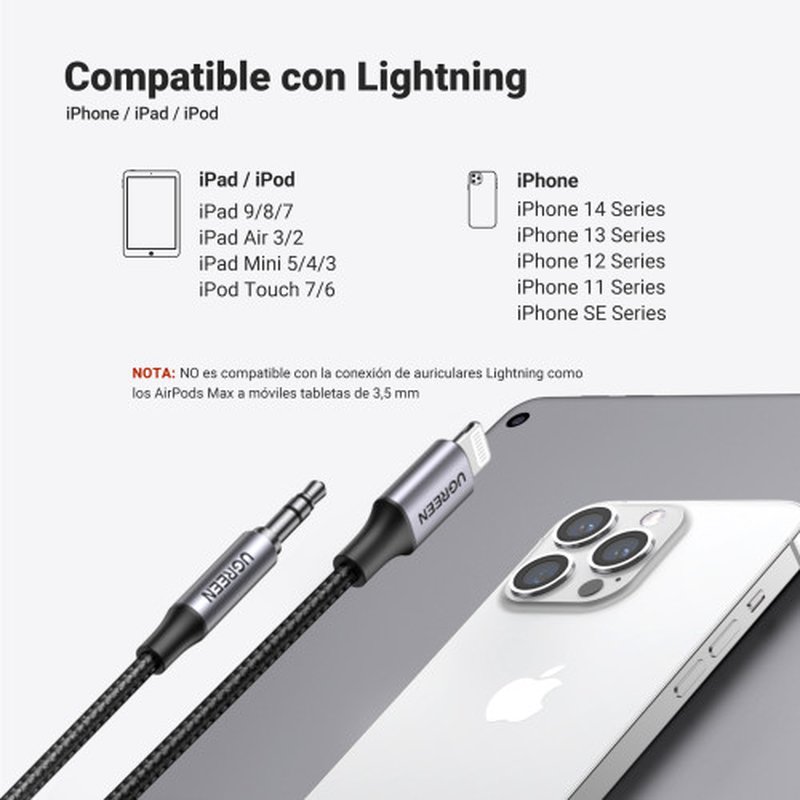 Ugreen 70509 cable de teléfono móvil Plata 1 m 3,5mm Lightning - Imagen 8