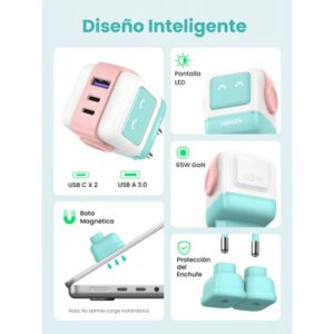 Alternative view of Ugreen Uno RG 65W 3-Port GaN Fast Charger pink blue Ordenador portátil, Teléfono móvil, Portátil, Tableta, Teléfono Azul Corriente alterna Carga rápida Interior