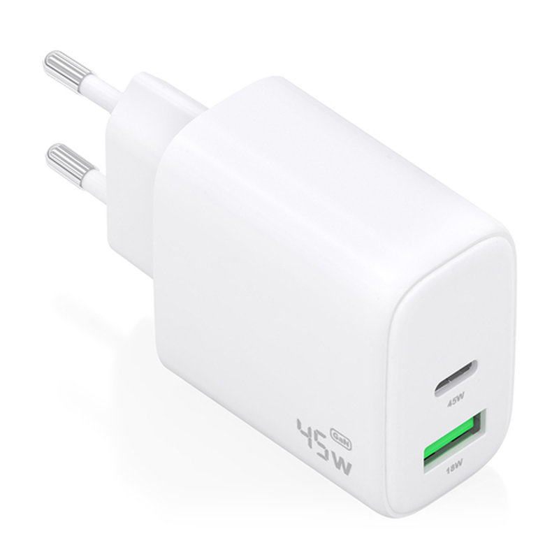 AISENS - CARGADOR GaN 45W, 1xUSB-C PD3.0 QC4.0, 1xUSB-A QC3.0, BLANCO