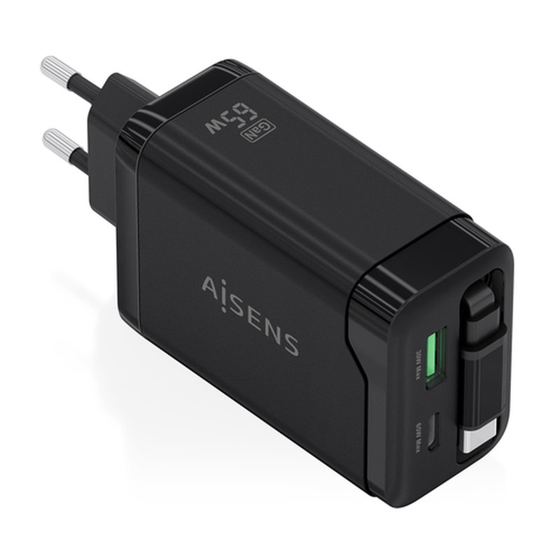 AISENS Cargador GaN 65W, 1xUSB-C Cable Retractil, 1xUSB-C PD3.0, 1xUSB-A QC3.0, Negro