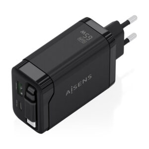 AISENS Cargador GaN 65W, 1xUSB-C Cable Retractil, 1xUSB-C PD3.0, 1xUSB-A QC3.0, Negro