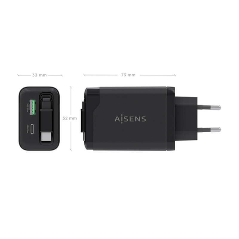 AISENS Cargador GaN 65W, 1xUSB-C Cable Retractil, 1xUSB-C PD3.0, 1xUSB-A QC3.0, Negro - Imagen 4