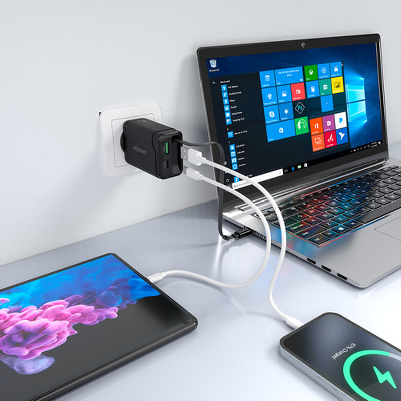 AISENS Cargador GaN 65W, 1xUSB-C Cable Retractil, 1xUSB-C PD3.0, 1xUSB-A QC3.0, Negro - Imagen 5