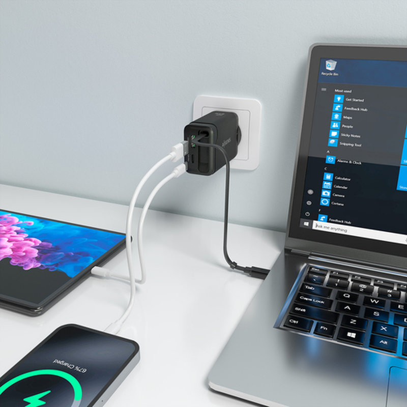 AISENS Cargador GaN 65W, 1xUSB-C Cable Retractil, 1xUSB-C PD3.0, 1xUSB-A QC3.0, Negro - Imagen 6