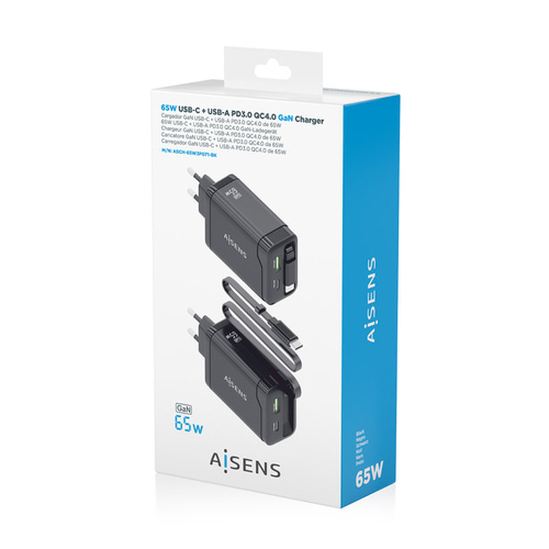 AISENS Cargador GaN 65W, 1xUSB-C Cable Retractil, 1xUSB-C PD3.0, 1xUSB-A QC3.0, Negro - Imagen 7