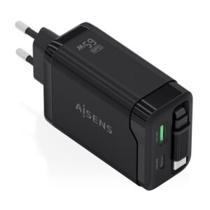 AISENS Cargador GaN 65W, 1xUSB-C Cable Retractil, 1xUSB-C PD3.0, 1xUSB-A QC3.0, Negro