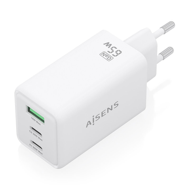 AISENS Cargador GaN 65W, 2xUSB-C PD3.0 QC4.0, 1xUSB-A QC3.0, Blanco - Imagen 2