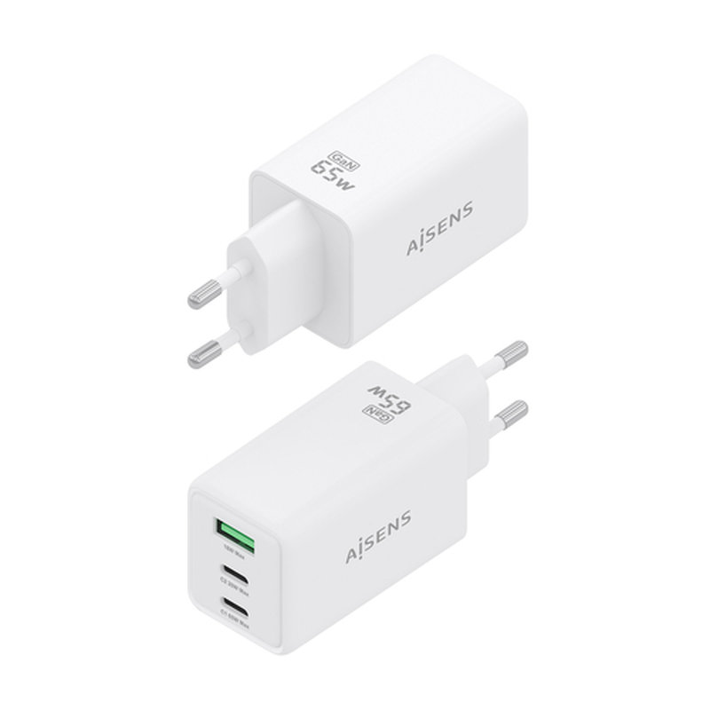 AISENS Cargador GaN 65W, 2xUSB-C PD3.0 QC4.0, 1xUSB-A QC3.0, Blanco - Imagen 3