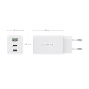 AISENS Cargador GaN 65W, 2xUSB-C PD3.0 QC4.0, 1xUSB-A QC3.0, Blanco