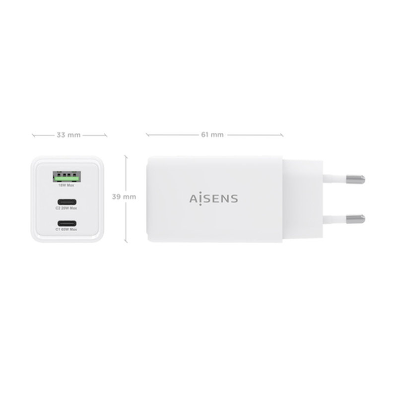 AISENS Cargador GaN 65W, 2xUSB-C PD3.0 QC4.0, 1xUSB-A QC3.0, Blanco - Imagen 4