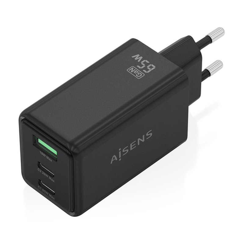 AISENS Cargador GaN 65W, 2xUSB-C PD3.0 QC4.0, 1xUSB-A QC3.0, Negro - Imagen 2