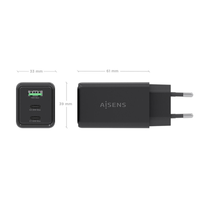 AISENS Cargador GaN 65W, 2xUSB-C PD3.0 QC4.0, 1xUSB-A QC3.0, Negro - Imagen 4