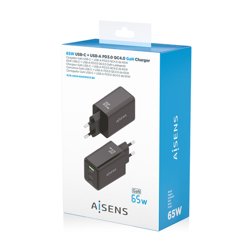 AISENS Cargador GaN 65W, 2xUSB-C PD3.0 QC4.0, 1xUSB-A QC3.0, Negro - Imagen 7