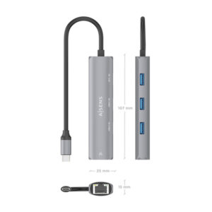 AISENS Dock USB-C A Ethernet Gigabit + Hub 2xUSB-C+1xUSB-A, Gris, 15cm
