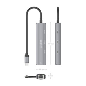 AISENS Dock USB-C A Ethernet Gigabit + Hub 3xUSB-C, Gris, 15cm