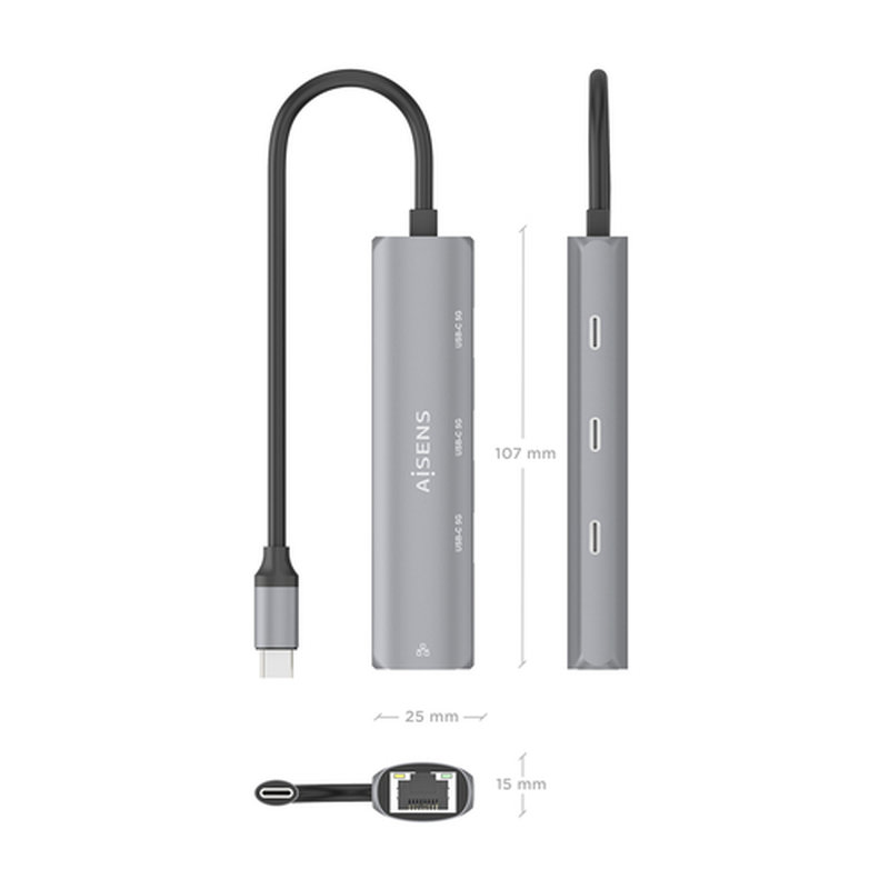 AISENS Dock USB-C A Ethernet Gigabit + Hub 3xUSB-C, Gris, 15cm - Imagen 4
