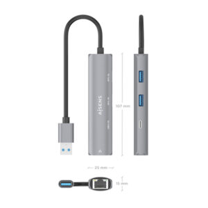 AISENS USB3.0 Dock USB-A A Ethernet Gigabit + Hub 1xUSB-C+2xUSB-A, Gris, 15cm AISENS USB3.0 Dock USB-A A Ethernet Gigabit + Hub 1xUSB-C+2xUSB-A, Gris, 15cm