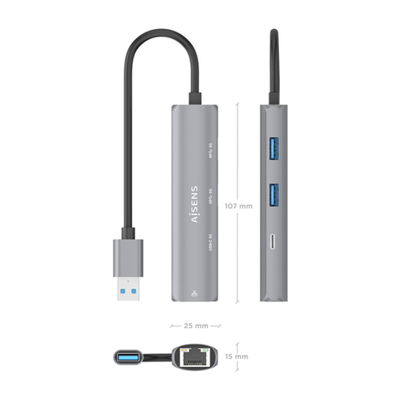 AISENS USB3.0 Dock USB-A A Ethernet Gigabit + Hub 1xUSB-C+2xUSB-A, Gris, 15cm AISENS USB3.0 Dock USB-A A Ethernet Gigabit + Hub 1xUSB-C+2xUSB-A, Gris, 15cm - Imagen 4
