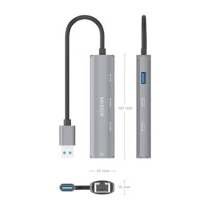 AISENS USB3.0 Dock USB-A A Ethernet Gigabit + Hub 2xUSB-C+1xUSB-A, Gris, 15cm