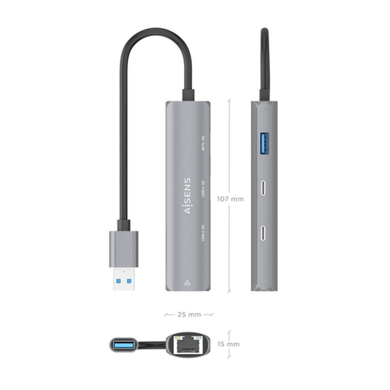 AISENS USB3.0 Dock USB-A A Ethernet Gigabit + Hub 2xUSB-C+1xUSB-A, Gris, 15cm - Imagen 4