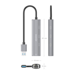 AISENS USB3.0 Dock USB-A A Ethernet Gigabit + Hub 3xUSB-C, Gris, 15cm