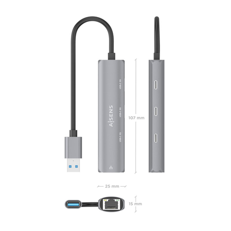AISENS USB3.0 Dock USB-A A Ethernet Gigabit + Hub 3xUSB-C, Gris, 15cm - Imagen 4