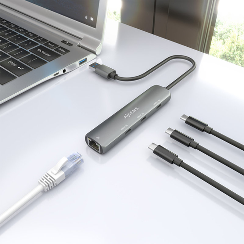 AISENS USB3.0 Dock USB-A A Ethernet Gigabit + Hub 3xUSB-C, Gris, 15cm - Imagen 6