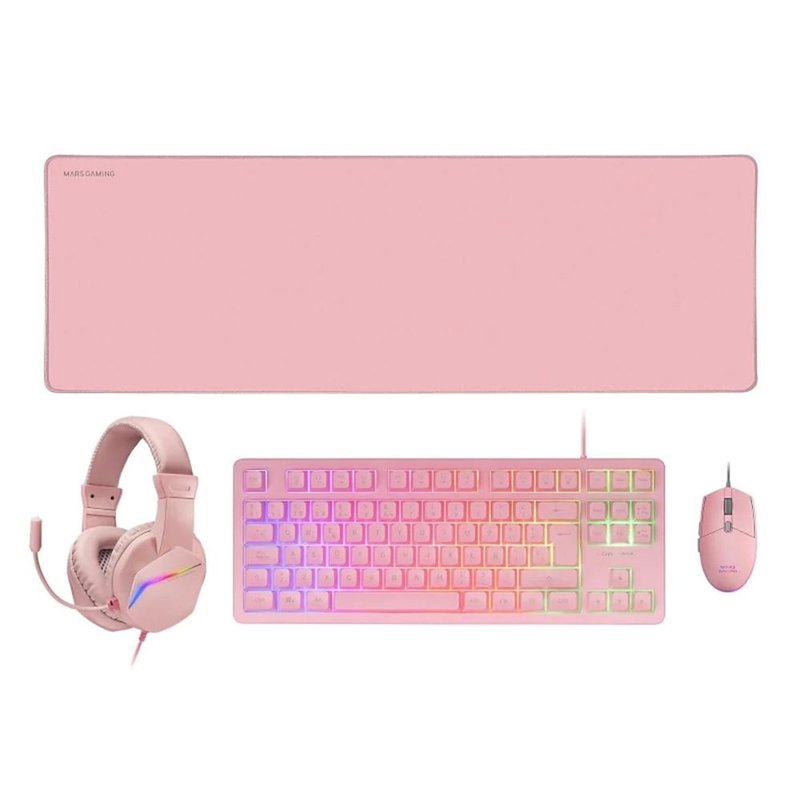 Mars Gaming MCP-RGB3, Pack Gaming Teclado Fixed RGB + Ratón Gaming RGB Flow 3200 DPI + Auriculares Over-Ear RGB + Alfombrilla XXL, Rosa, Idioma Español
