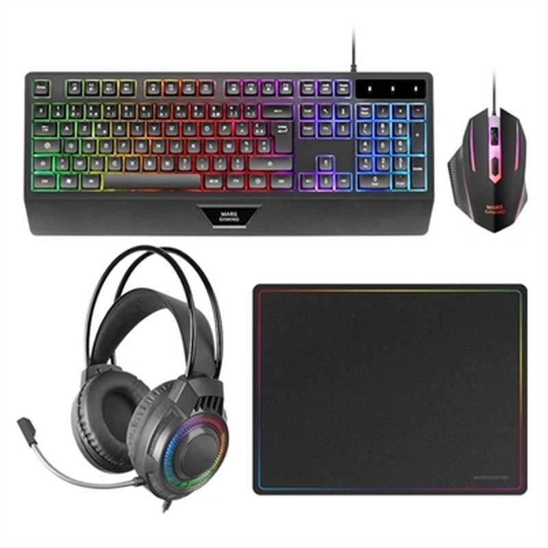Mars Gaming MCP124PRO, Combo Gaming 4en1, Teclado RGB H-Mech con Reposamuñecas, Ratón RGB 3200DPI y Switches HUANO, Auriculares FRGB, Alfombrilla Nanotextil 36x26cm, Multiplataforma, Español, Negro Mars Gaming MCP124PRO, Combo Gaming 4en1, Teclado RGB H-Mech con Reposamuñecas, Ratón RGB 3200DPI y Switches HUANO, Auriculares FRGB, Alfombrilla Nanotextil 36x26cm, Multiplataforma, Español, Negro