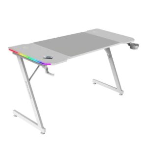 Mars Gaming MGD-X140RGB, Mesa Gaming Ergonómica, Iluminación ARGB con Mando, Fibra de Carbono, Alfombrilla XXL, Soporte Auriculares y Bebida, Gestión Cableado, Escritorio Gaming 140x60cm, Blanco