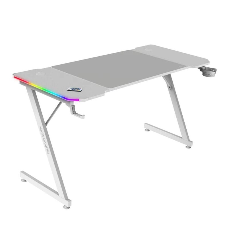 Mars Gaming MGD-X140RGB, Mesa Gaming Ergonómica, Iluminación ARGB con Mando, Fibra de Carbono, Alfombrilla XXL, Soporte Auriculares y Bebida, Gestión Cableado, Escritorio Gaming 140x60cm, Blanco