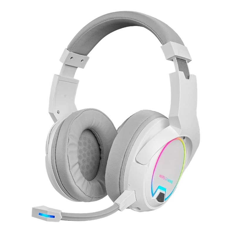 Mars Gaming MHW-100 Blanco, Auriculares Inalámbricos ARGB Flow, Micrófono ENC Extraíble,Cancelación de Ruido Activa ENC + Pasiva, Compatibilidad Universal