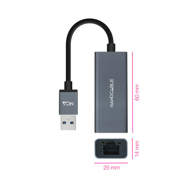 Nanocable Conversor USB 3.0 a Ethernet Gigabit 10/100/1000 Mbps, Aluminio, Gris, 15 cm - Imagen 2