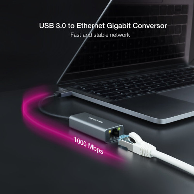 Nanocable Conversor USB 3.0 a Ethernet Gigabit 10/100/1000 Mbps, Aluminio, Gris, 15 cm - Imagen 3