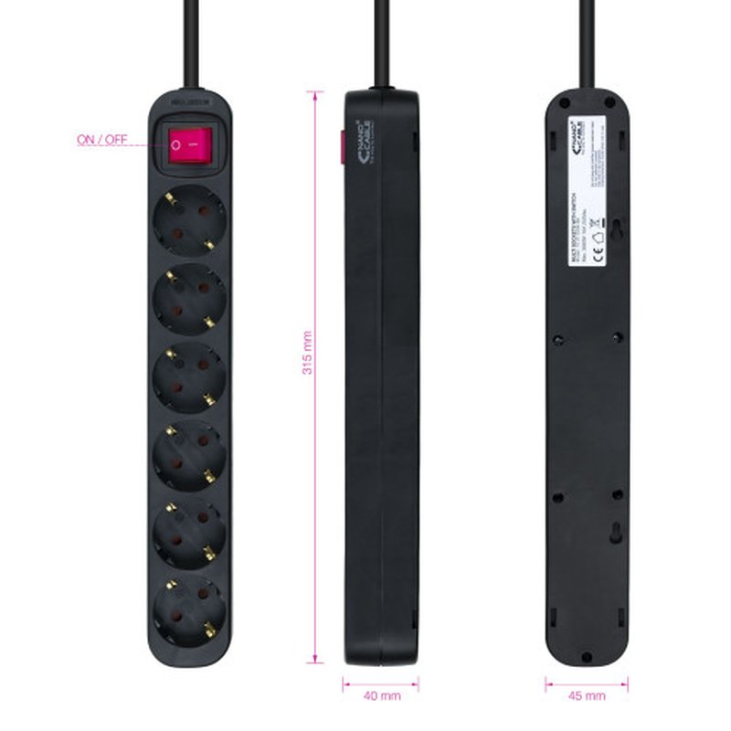 Nanocable Regleta de enchufes de 6 tomas con interruptor, 1.4 metros Negra - Imagen 3